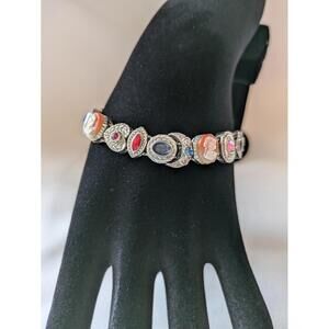 Antique Style Cameo Link Bracelet, Colorful Multi-Gemstone, Used Good